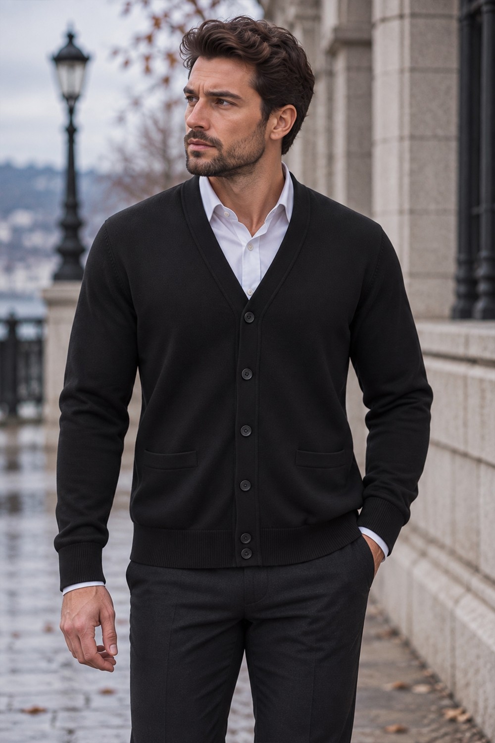 Beyome Erkek %100 Cotton V Yaka Düğmeli Hırka-Süveter Yandan Cepli Triko Günlük Şık Rahat Kesim