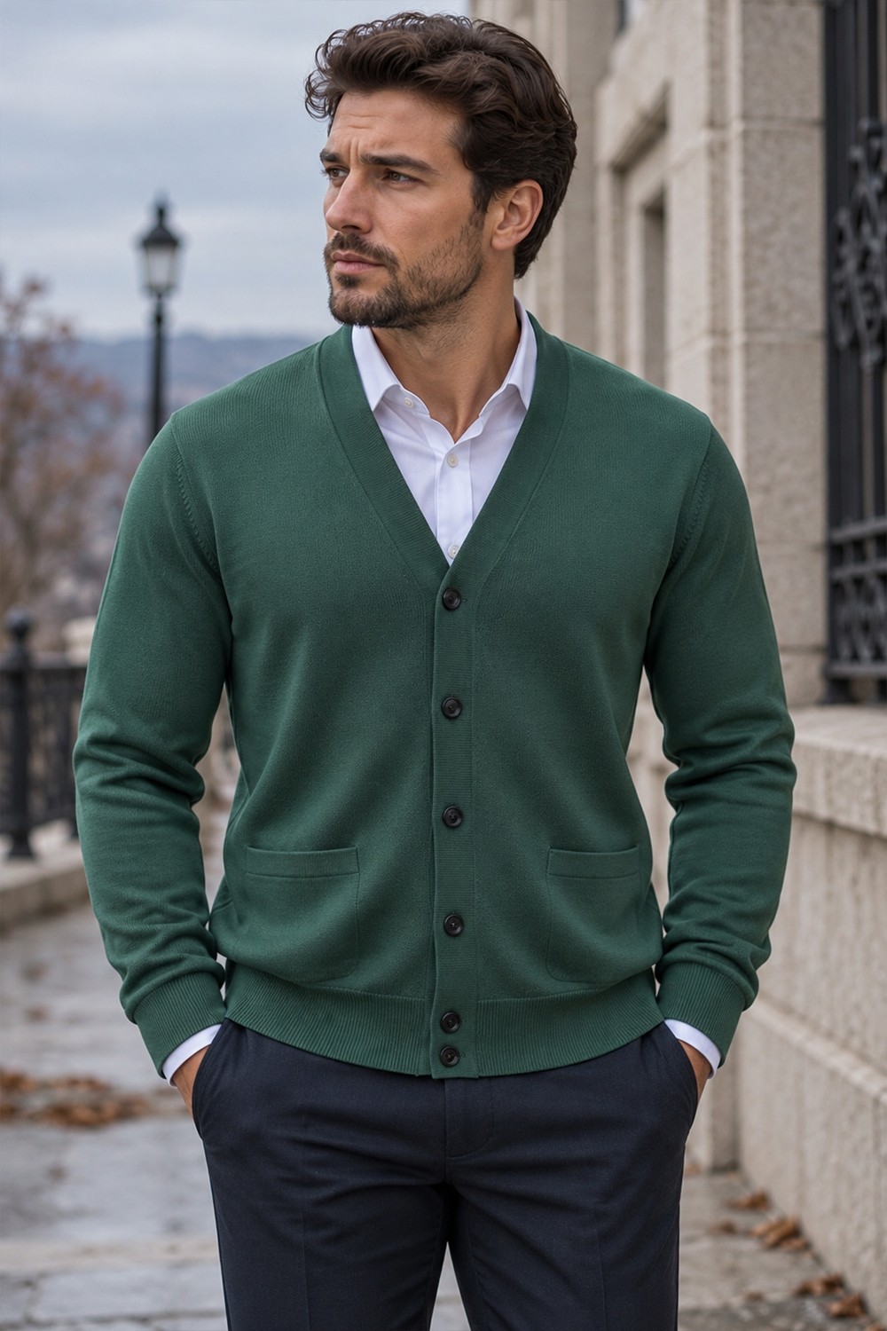 Beyome Erkek %100 Cotton V Yaka Düğmeli Hırka-Süveter Yandan Cepli Triko Günlük Şık Rahat Kesim