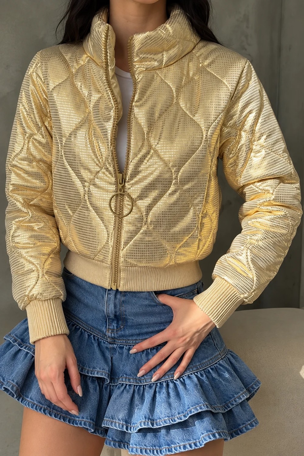 Kadın Yeni Sezon, Gold Ekose Kareli, Astarlı, Cepli, Fermuarlı, Beli ve Kolları Lastikli Ince Mont görsel 3