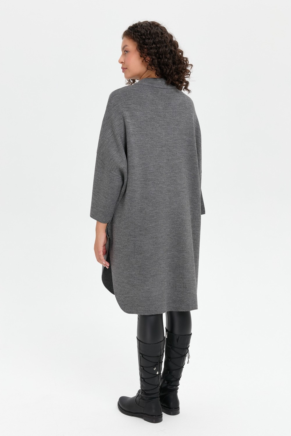 Desen Triko Kadın Dik Yaka Cebi Gül Işlemeli Fermuarlı Panço Gri Melanj görsel 7
