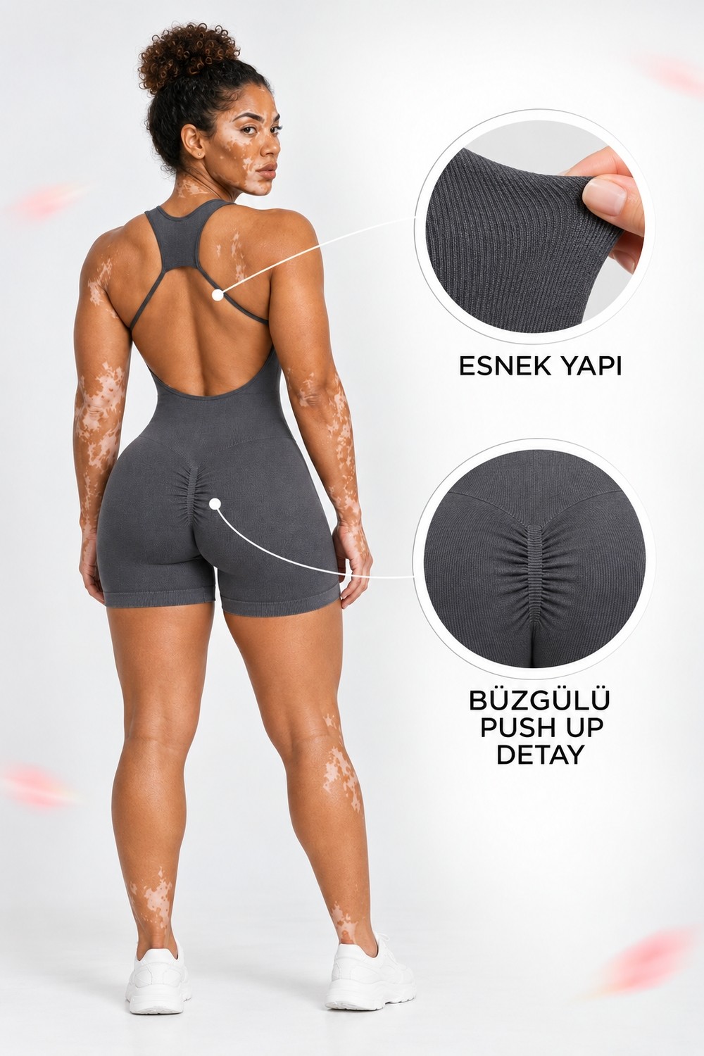 Gymhams Kadın Büzgülü Şortlu Sırt Dekolteli Spor Tulum - Seamless Fitness Jumpsuit