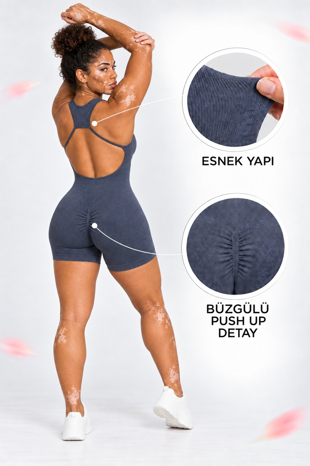 Gymhams Kadın Büzgülü Şortlu Sırt Dekolteli Spor Tulum - Seamless Fitness Jumpsuit