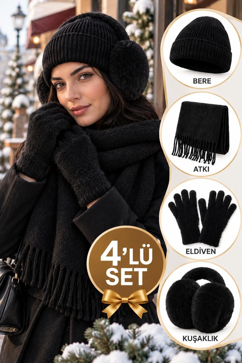 Wearflawless Kadın 4'lü Kışlık Set, Bere, Atkı, Eldiven, Kulaklık, Sıcak Yumuşak Kış Aksesuar Hediye Seti