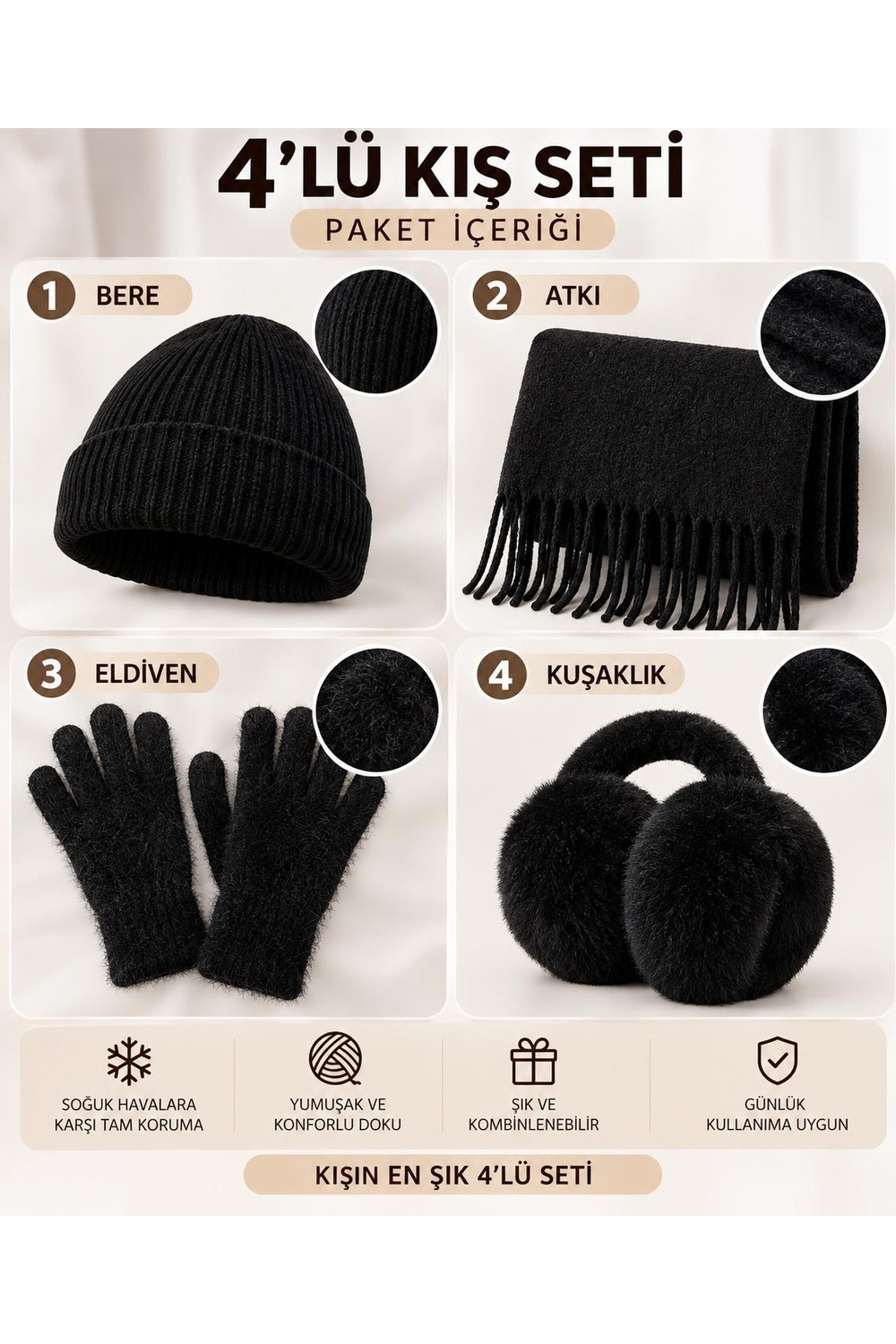 Wearflawless Kadın 4'lü Kışlık Set, Bere, Atkı, Eldiven, Kulaklık, Sıcak Yumuşak Kış Aksesuar Hediye Seti görsel 2