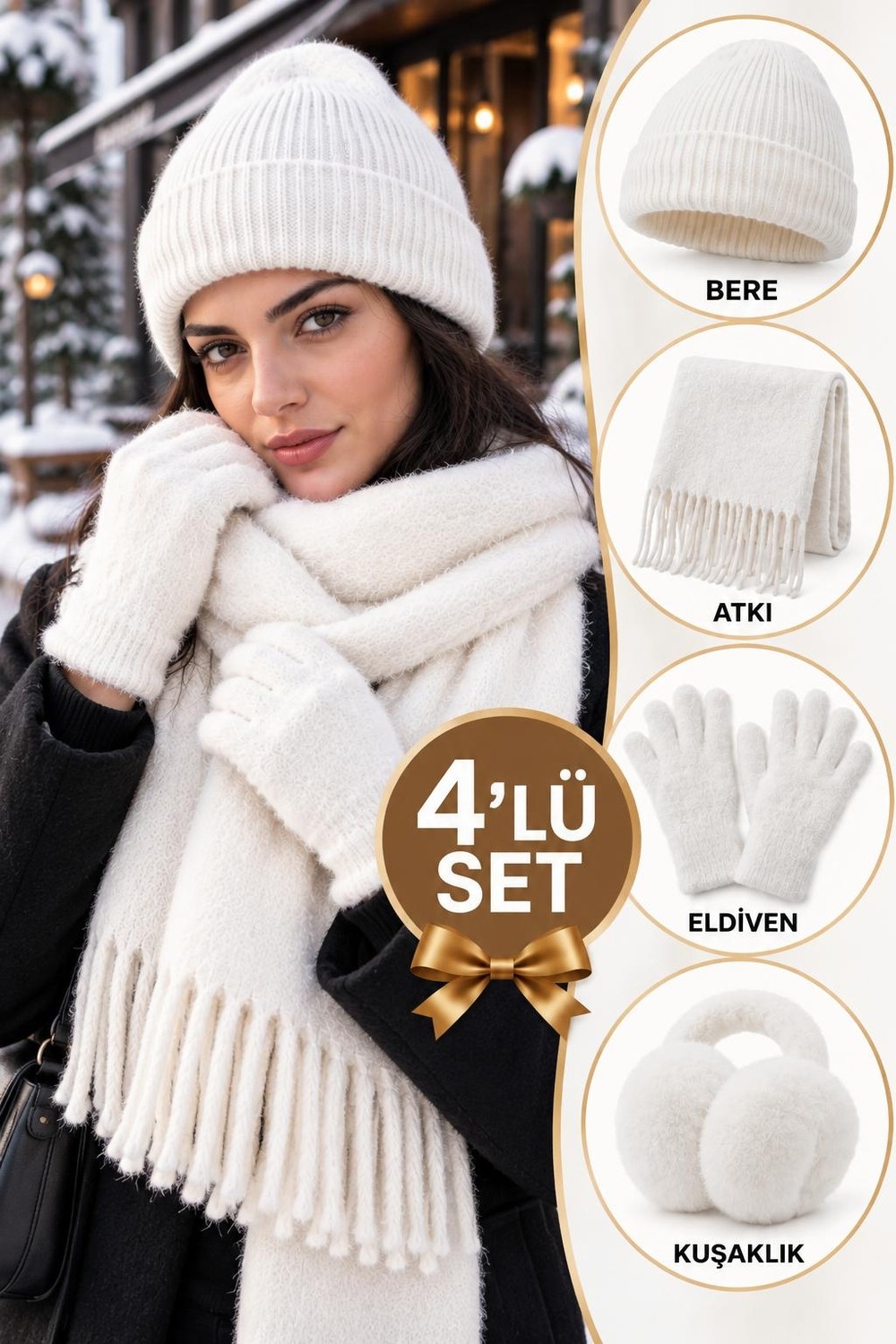 Wearflawless Kadın 4'lü Kışlık Set, Bere, Atkı, Eldiven, Kulaklık, Sıcak Yumuşak Kış Aksesuar Hediye Seti görsel 8