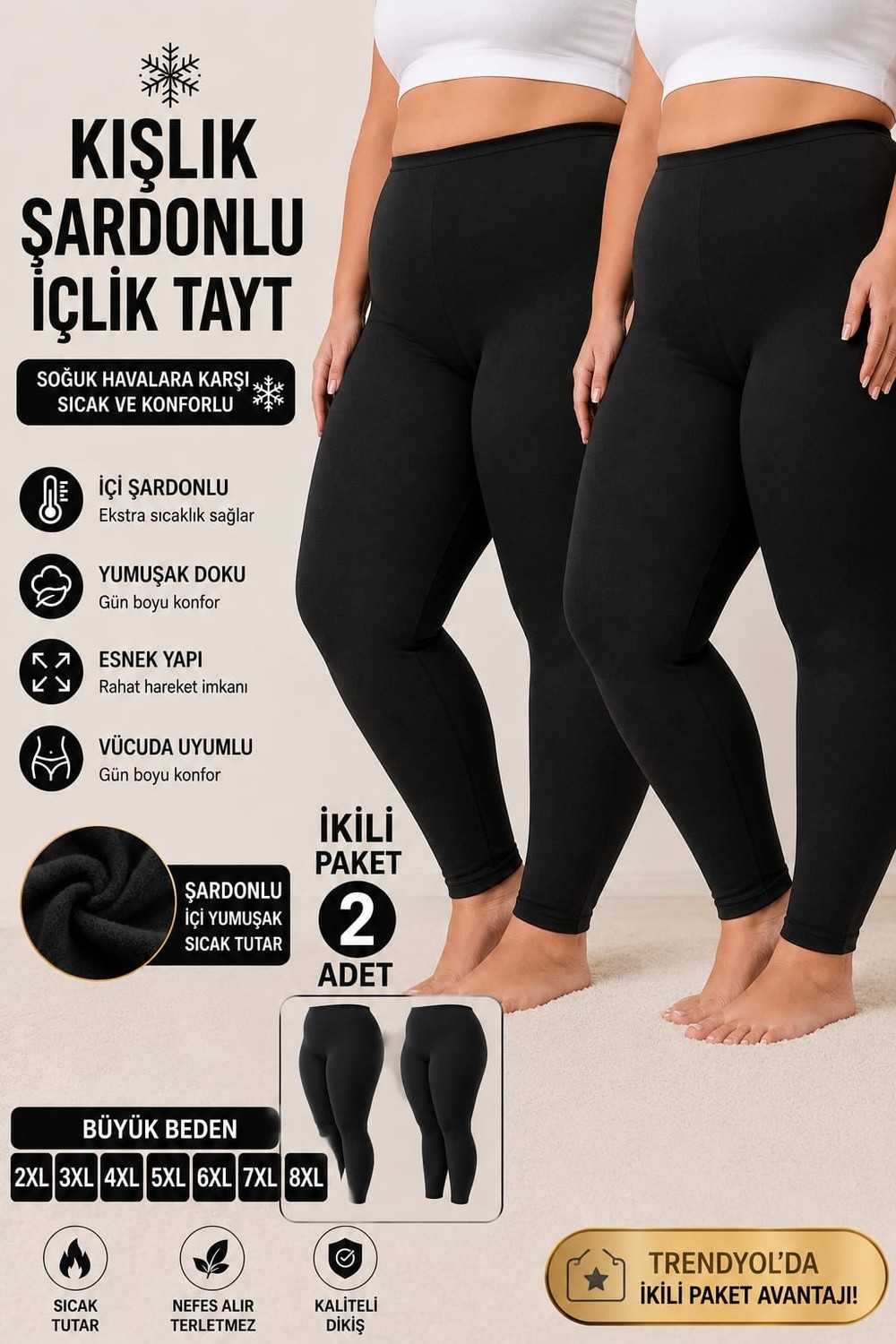 Medament 2’li Kışlık Şardonlu Içlik Tayt, Büyük Beden
