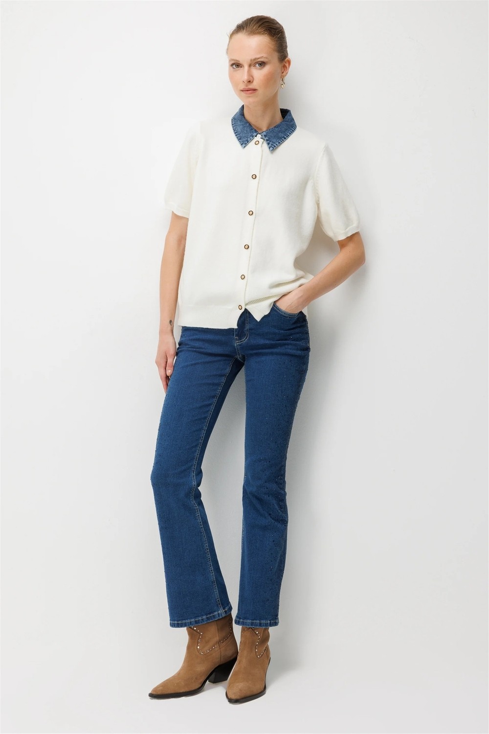 ON Kadın Denim Detaylı Kısa Kollu Triko Hırka 10509 Gri