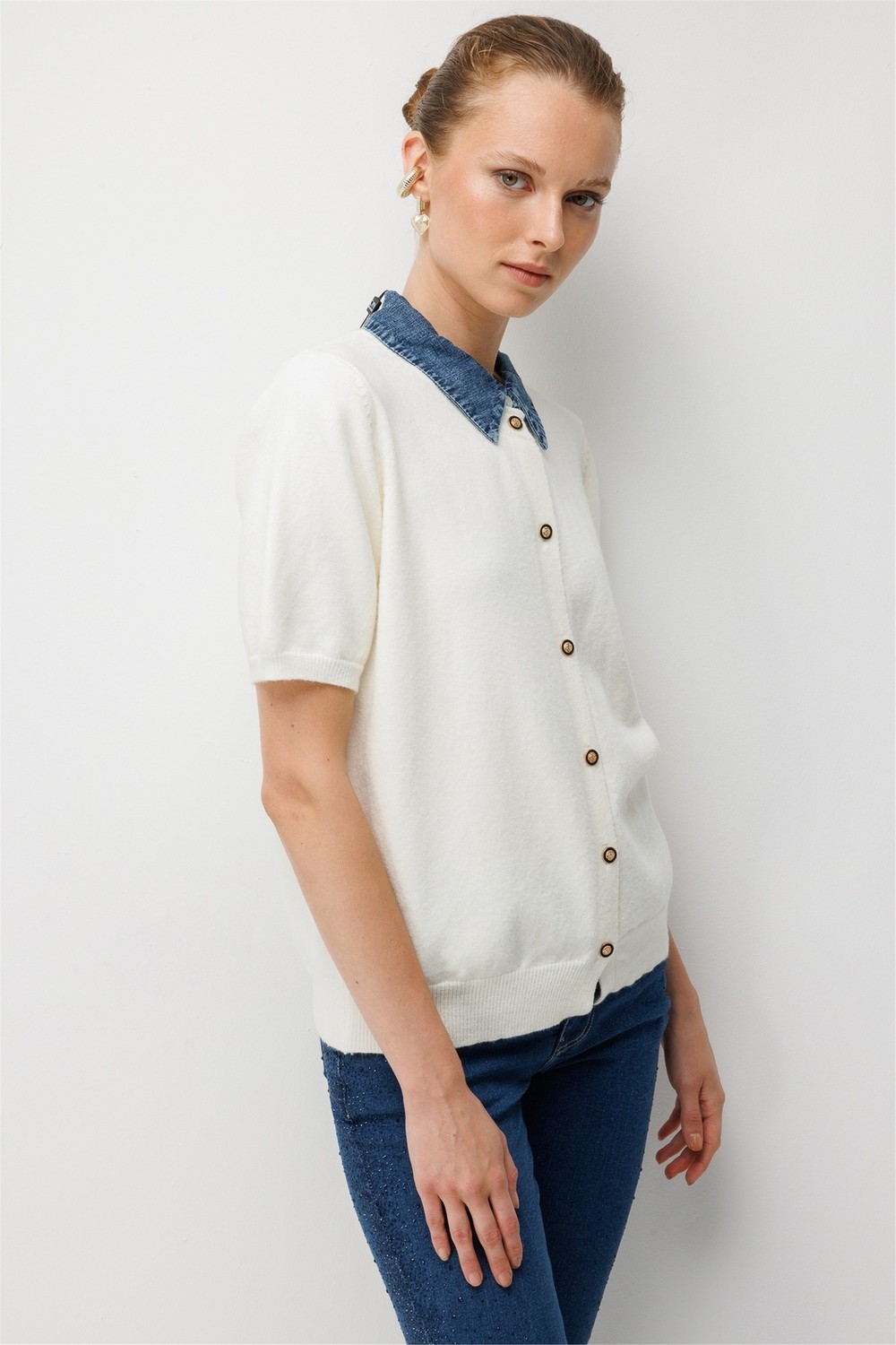 ON Kadın Denim Detaylı Kısa Kollu Triko Hırka 10509 Gri görsel 2