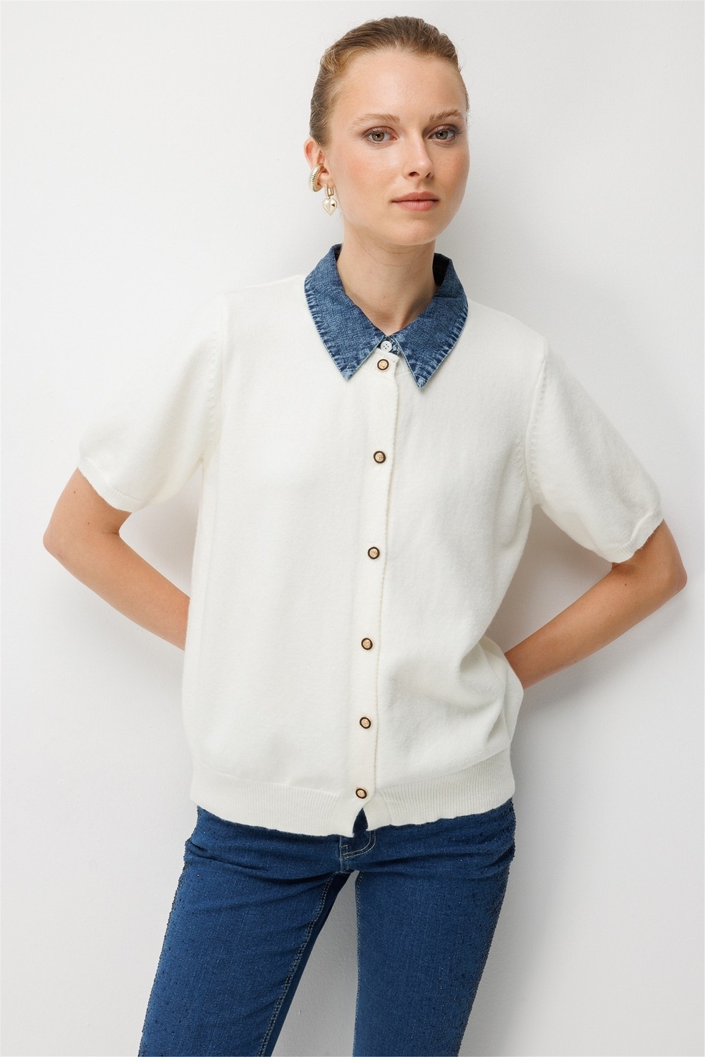 ON Kadın Denim Detaylı Kısa Kollu Triko Hırka 10509 Gri görsel 3