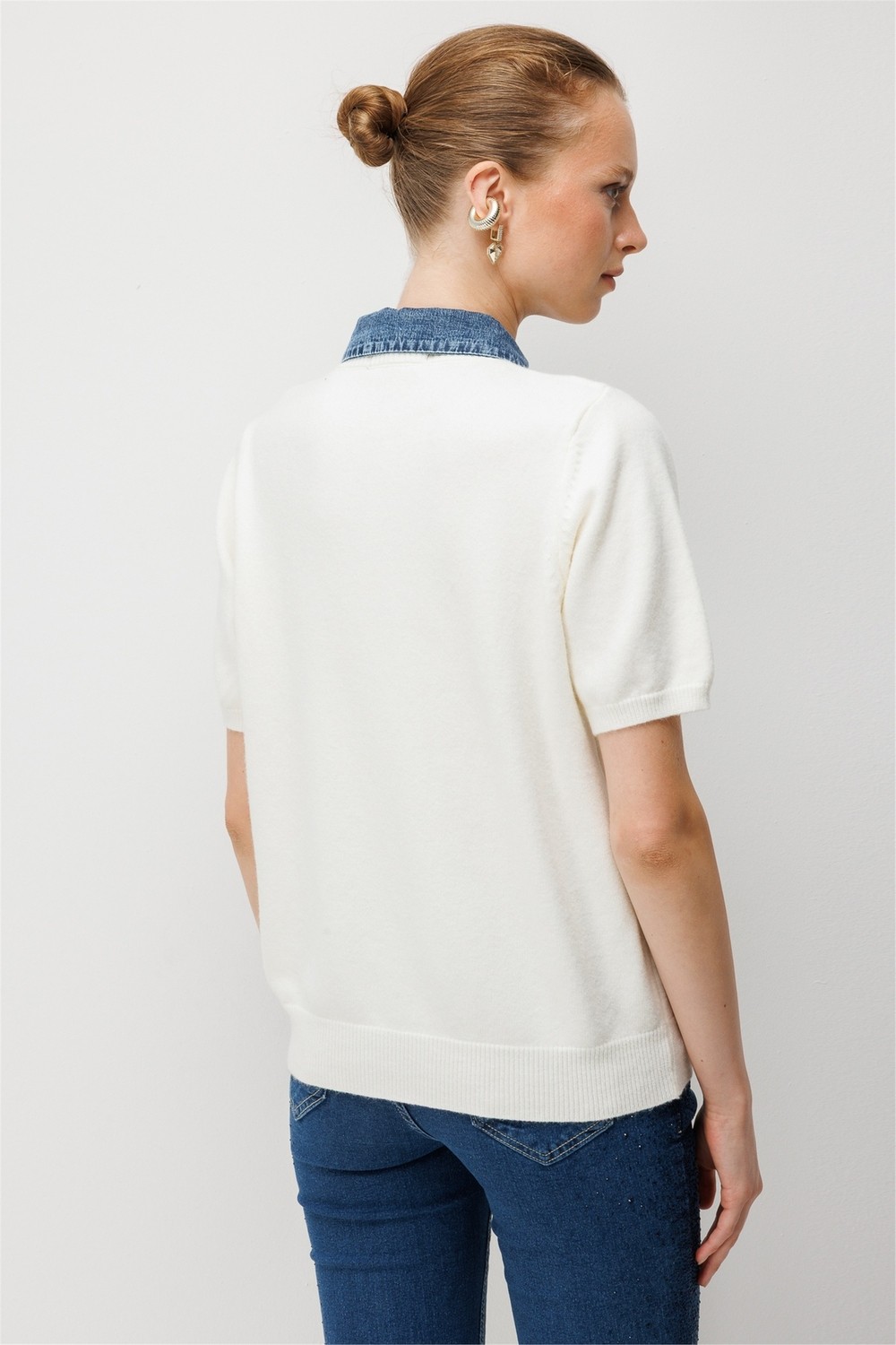 ON Kadın Denim Detaylı Kısa Kollu Triko Hırka 10509 Gri görsel 4