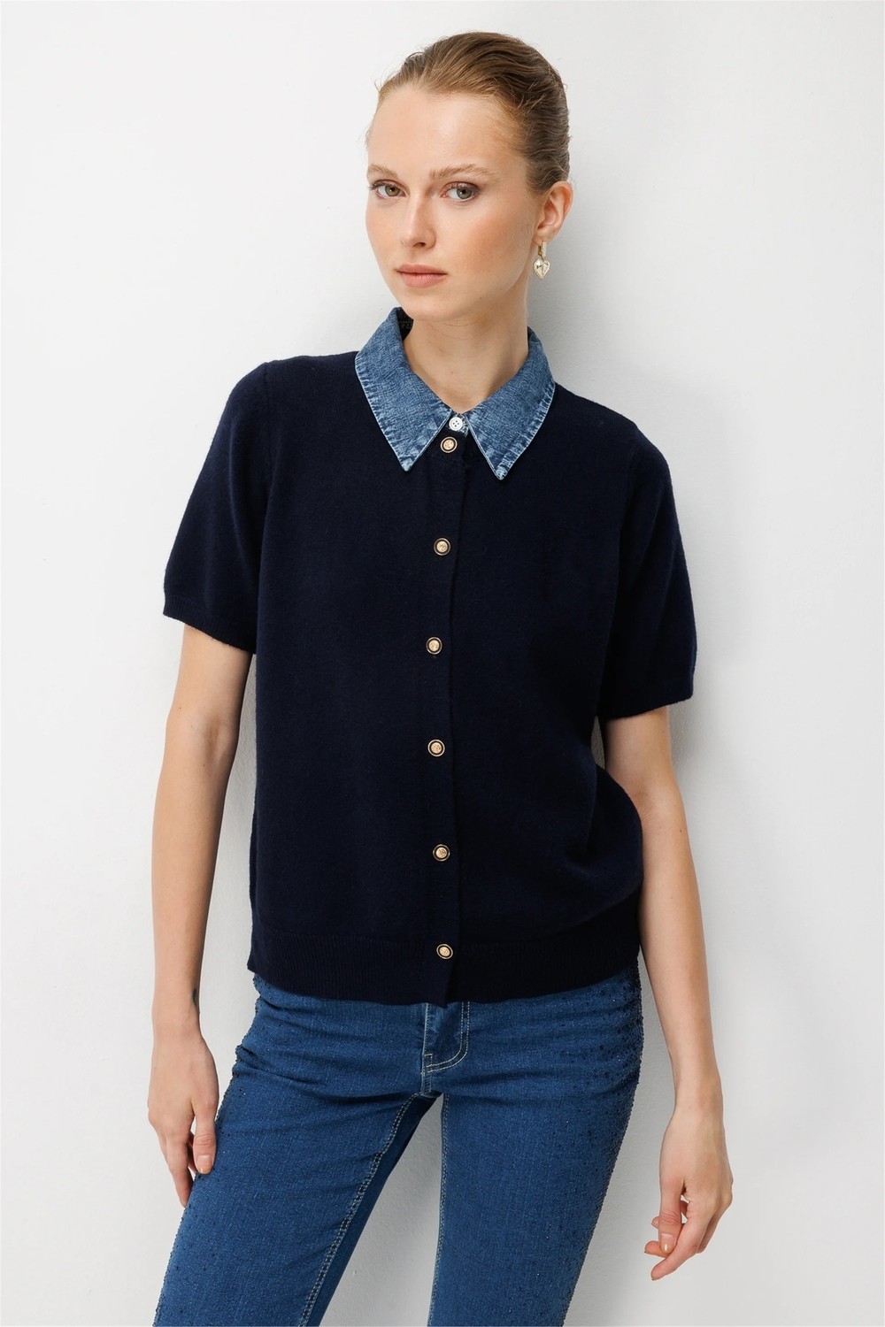 ON Kadın Denim Detaylı Kısa Kollu Triko Hırka 10509 Gri