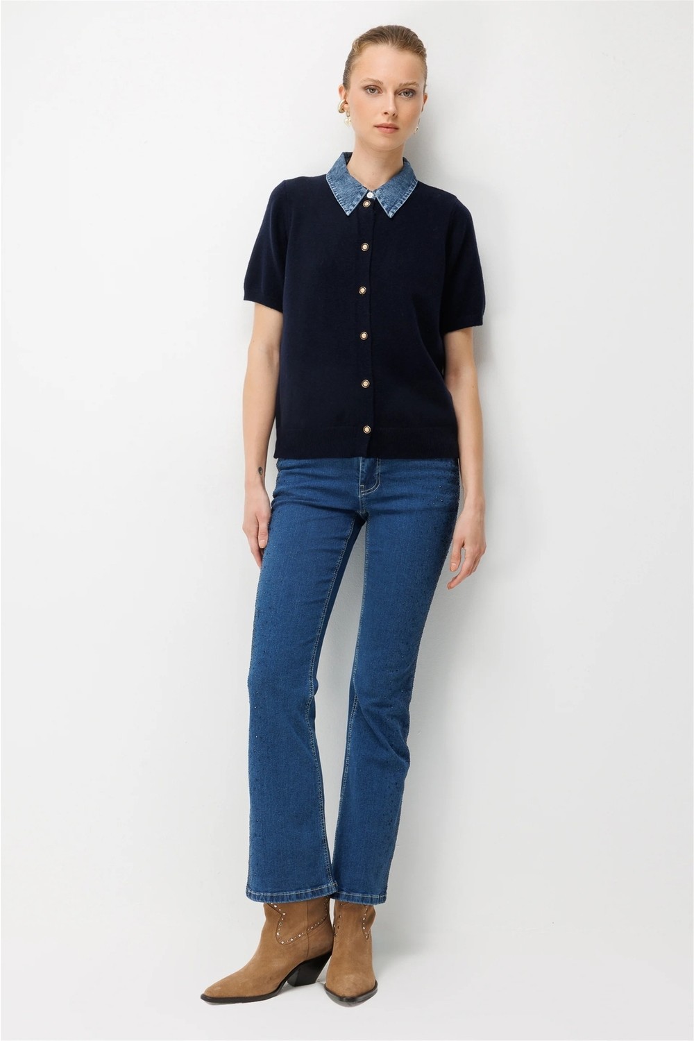 ON Kadın Denim Detaylı Kısa Kollu Triko Hırka 10509 Gri görsel 6