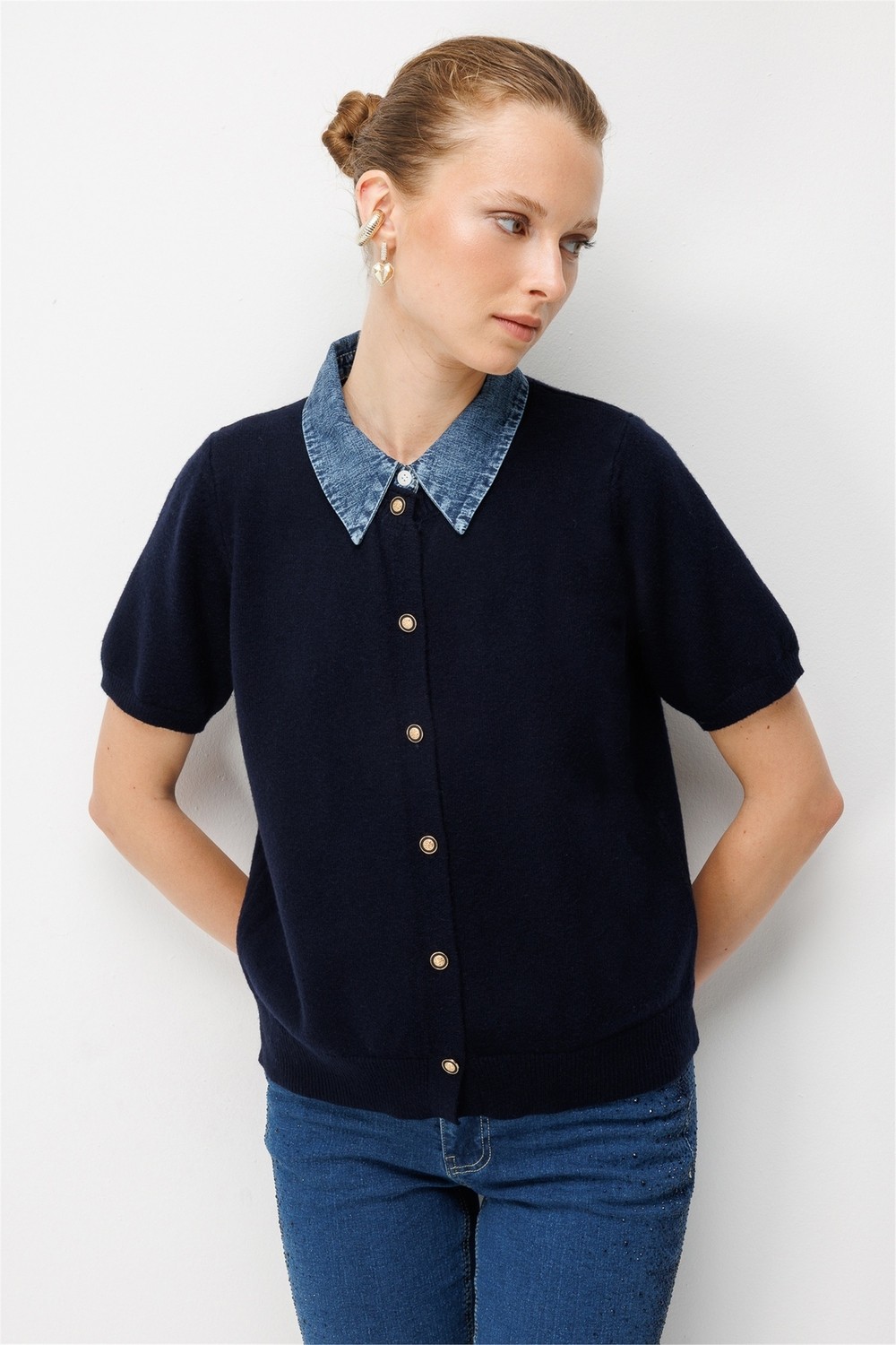 ON Kadın Denim Detaylı Kısa Kollu Triko Hırka 10509 Gri görsel 7