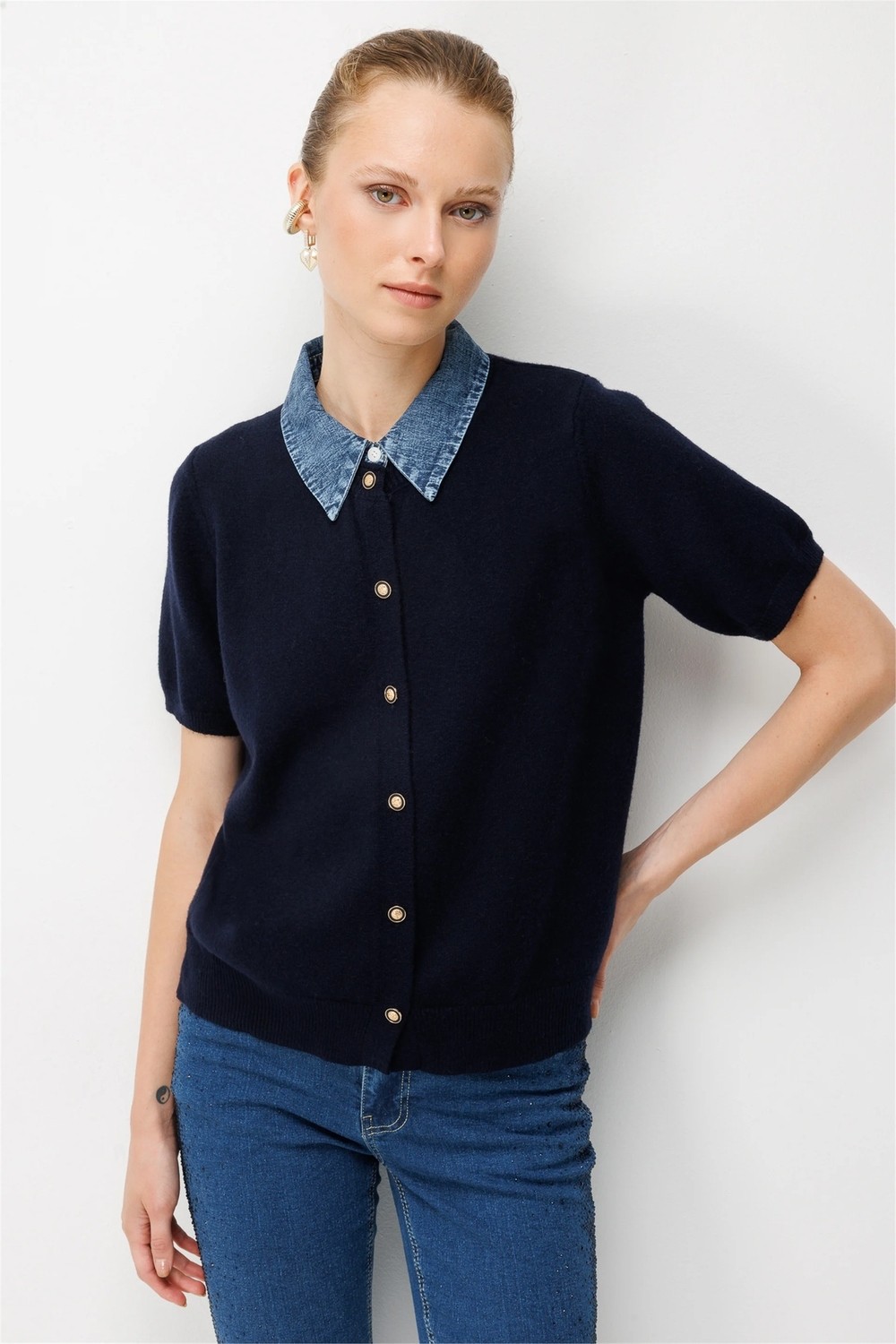 ON Kadın Denim Detaylı Kısa Kollu Triko Hırka 10509 Gri görsel 8