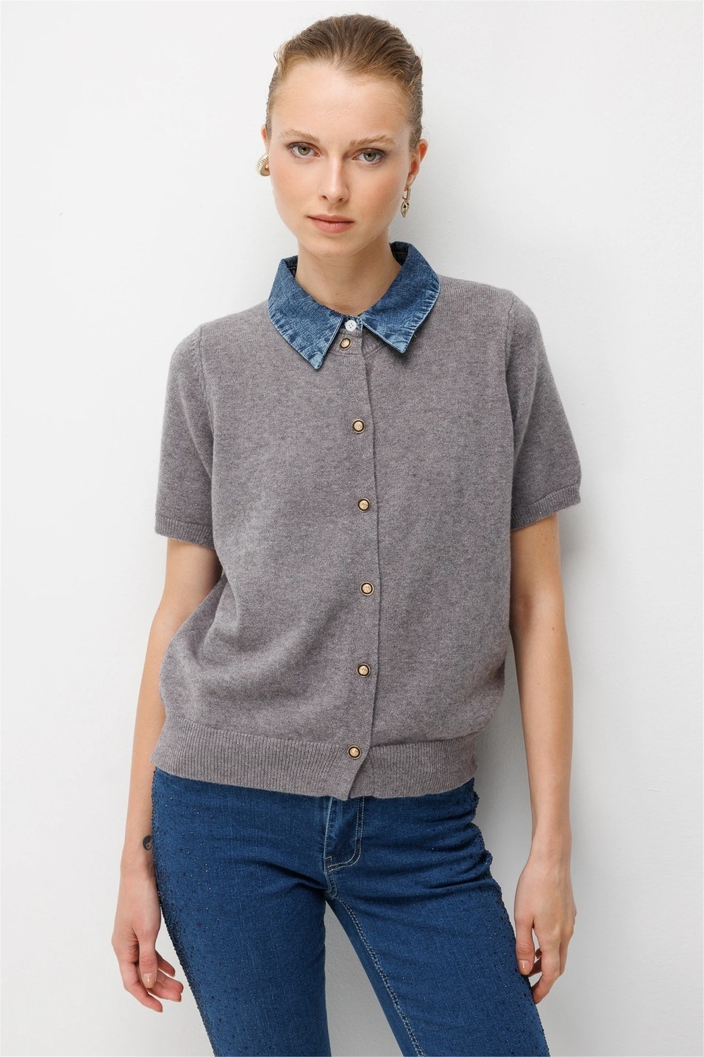 ON Kadın Denim Detaylı Kısa Kollu Triko Hırka 10509 Gri