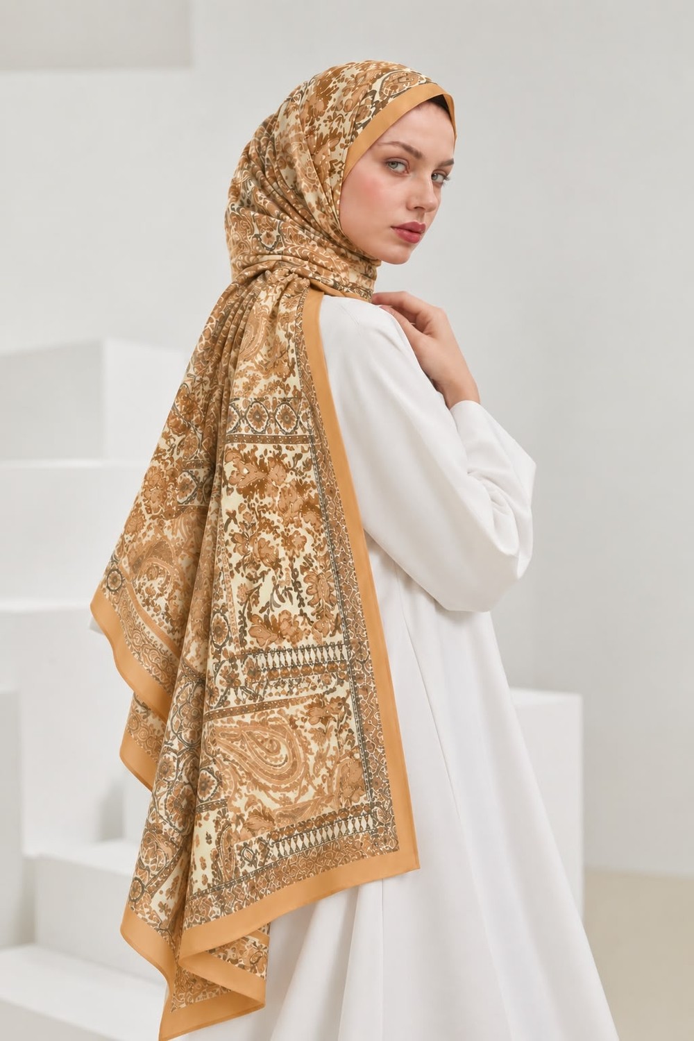 Revam Collection Retro Desen Pamuk Soft Şal Caramel