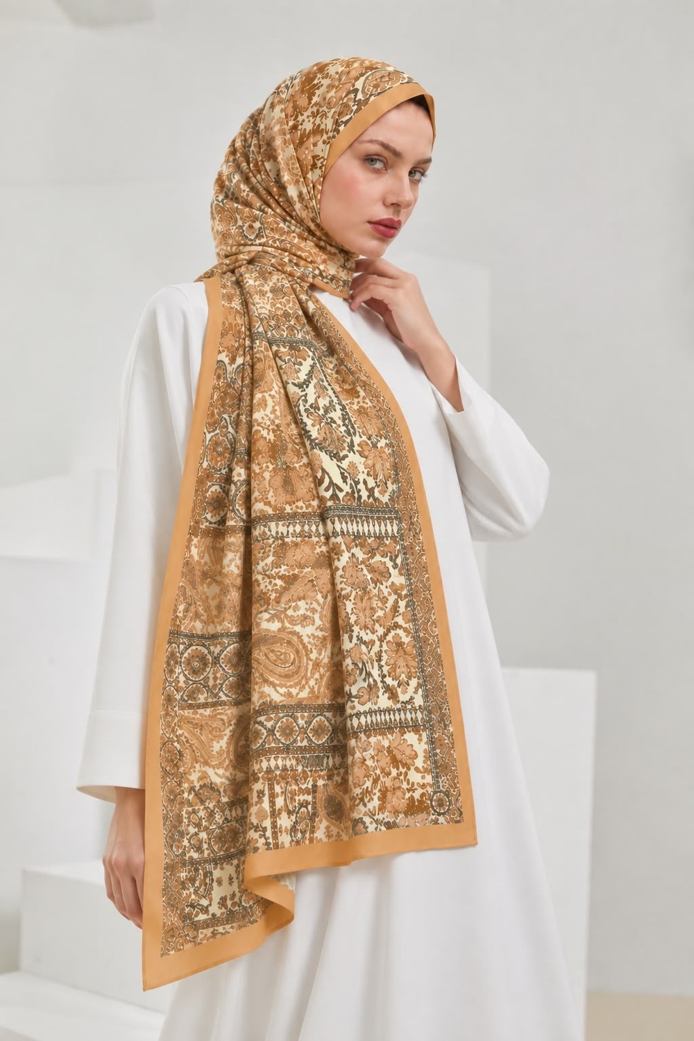 Revam Collection Retro Desen Pamuk Soft Şal Caramel görsel 2