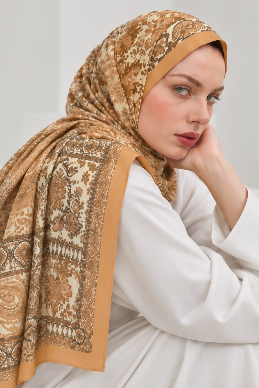 Revam Collection Retro Desen Pamuk Soft Şal Caramel görsel 3