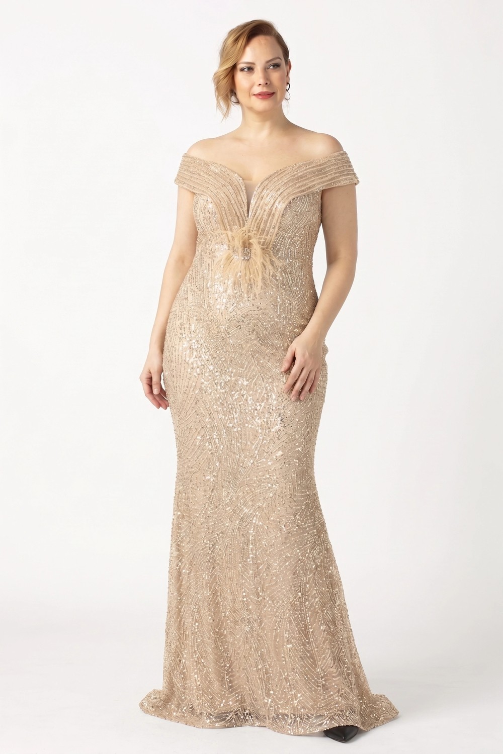 Moda Berray 2521 Gold Püskül Detaylı Griter Madonna Yaka Şık Abiye