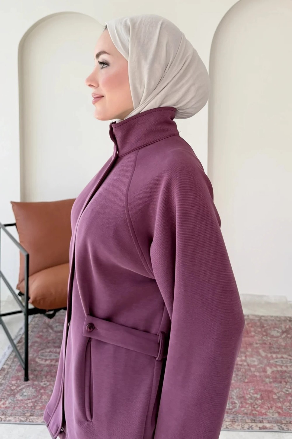 Tesettür Diyarı Nasly Premium Modal Kumaş Dik Yaka Fermuarlı Tesettür Takım- Haki görsel 3
