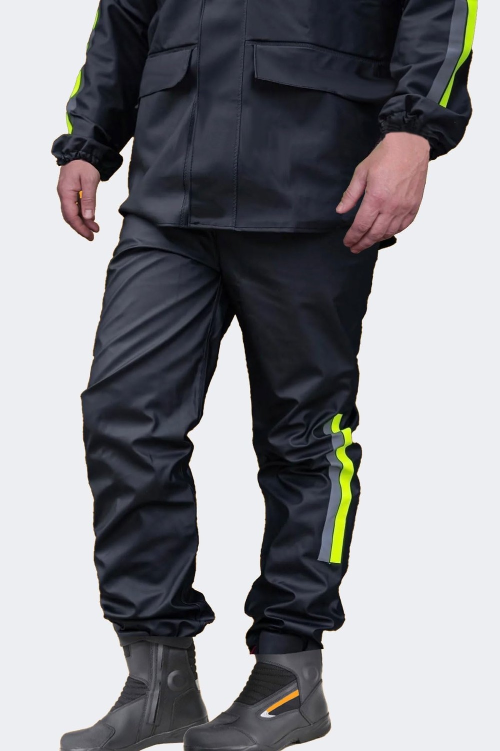 Motorcu Yağmurluk Takımı, %100 Su Geçirmez Pvc, Cepli, Reflektörlü, Fermuarlı, Siyah (4xl) görsel 3