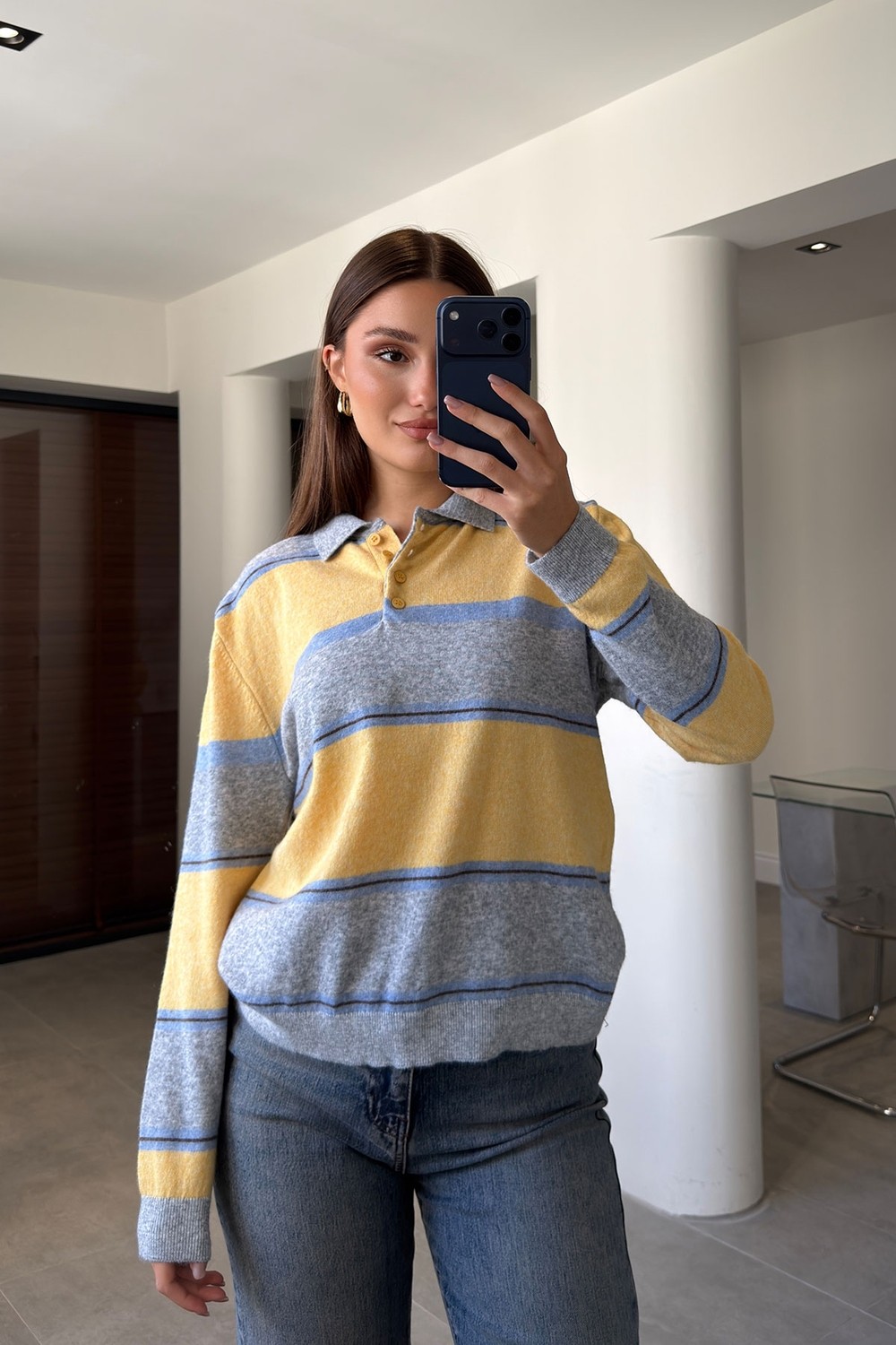 Magarde Çizgili Premium Polo Yaka Triko Kazak- Sarı görsel 2