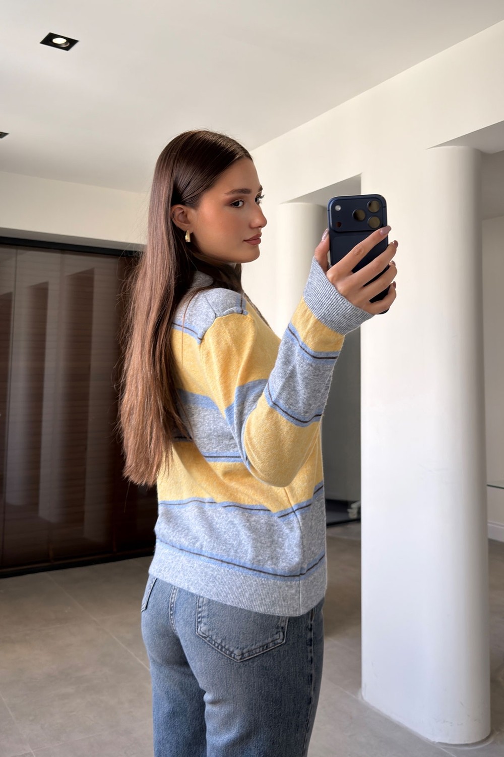 Magarde Çizgili Premium Polo Yaka Triko Kazak- Sarı görsel 6