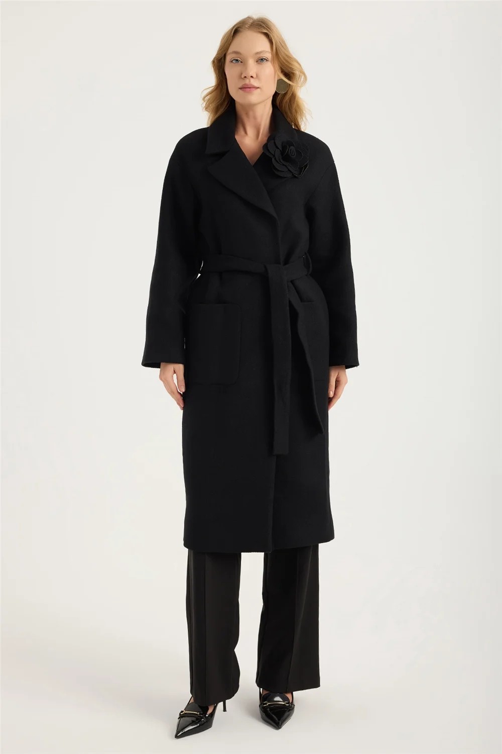 Home Store 2 Kese Cep Kuşak Bağlı Çiçek Broşlu Kaban