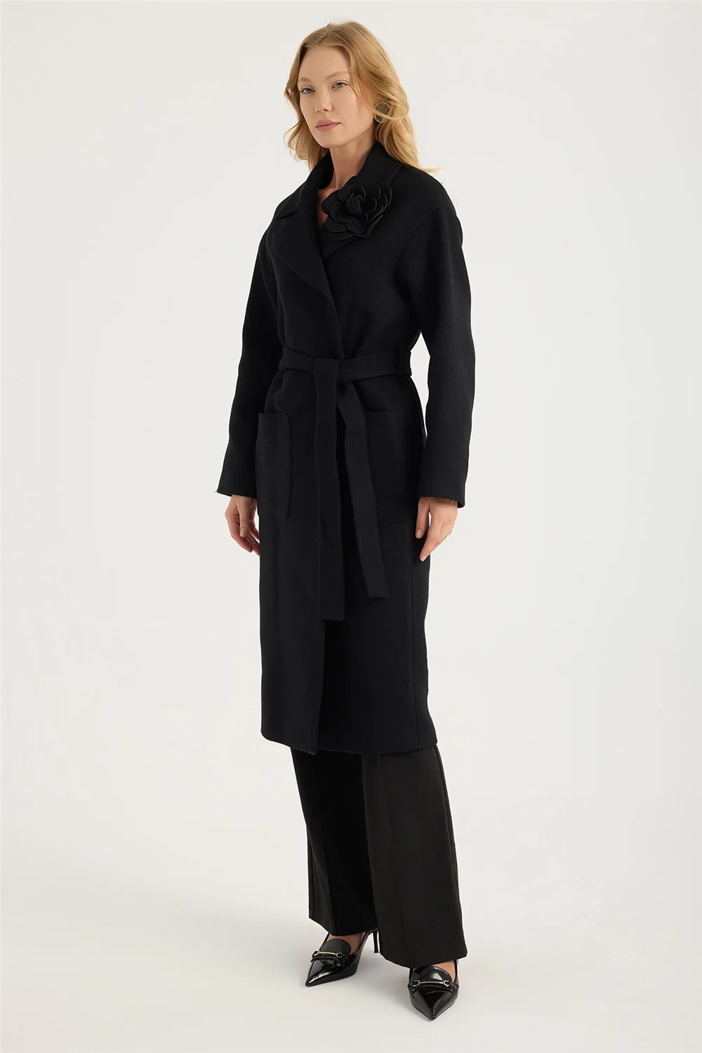 Home Store 2 Kese Cep Kuşak Bağlı Çiçek Broşlu Kaban görsel 2