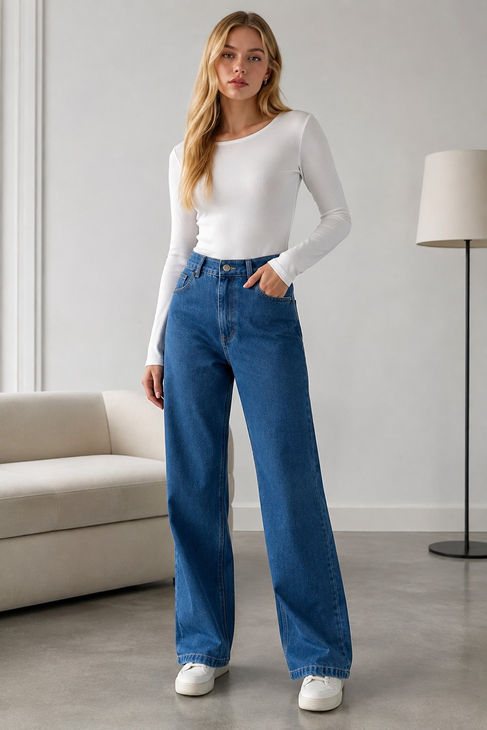 Shevega Yüksek Bel Palazzo Jean Kot Pantolon görsel 4
