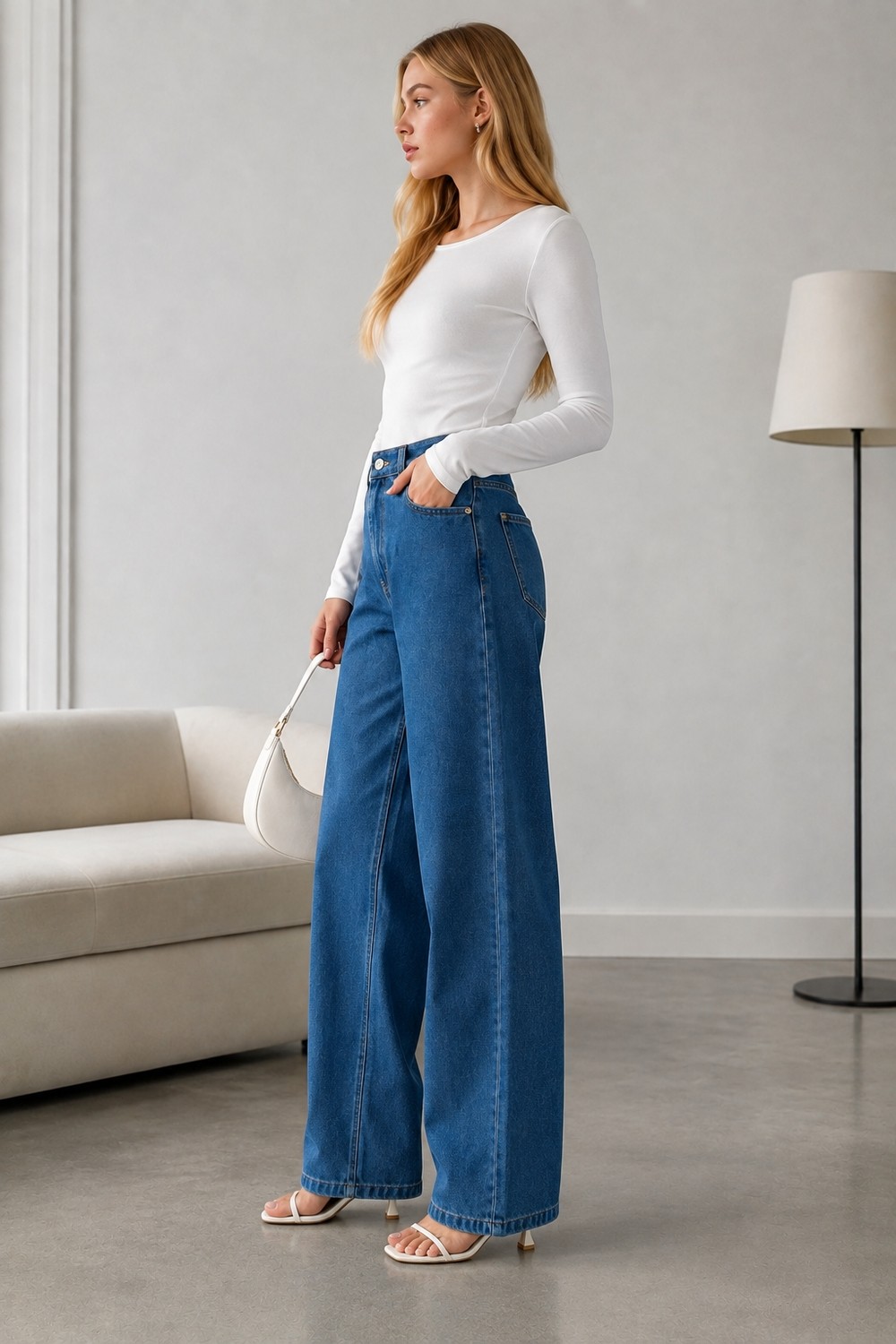 Shevega Yüksek Bel Palazzo Jean Kot Pantolon görsel 5