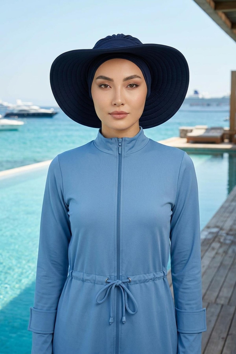 Aisha's Design Çıkarılabilir Arkası Fiyonklu Şapkalı Tesettür (Deniz,havuz) Yüzücü BONESI,S-10SN