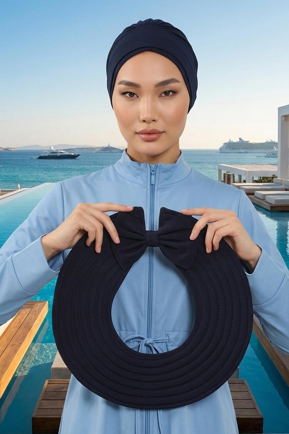 Aisha's Design Çıkarılabilir Arkası Fiyonklu Şapkalı Tesettür (Deniz,havuz) Yüzücü BONESI,S-10SN görsel 2