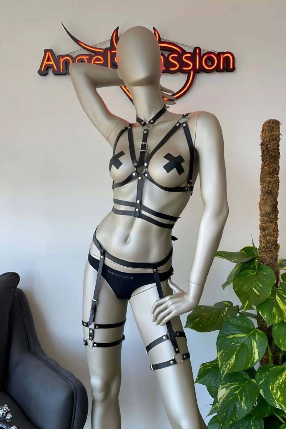 Pileli Store Siyah Deri Fantezi Jartiyer Harness Takım - 455 görsel 3
