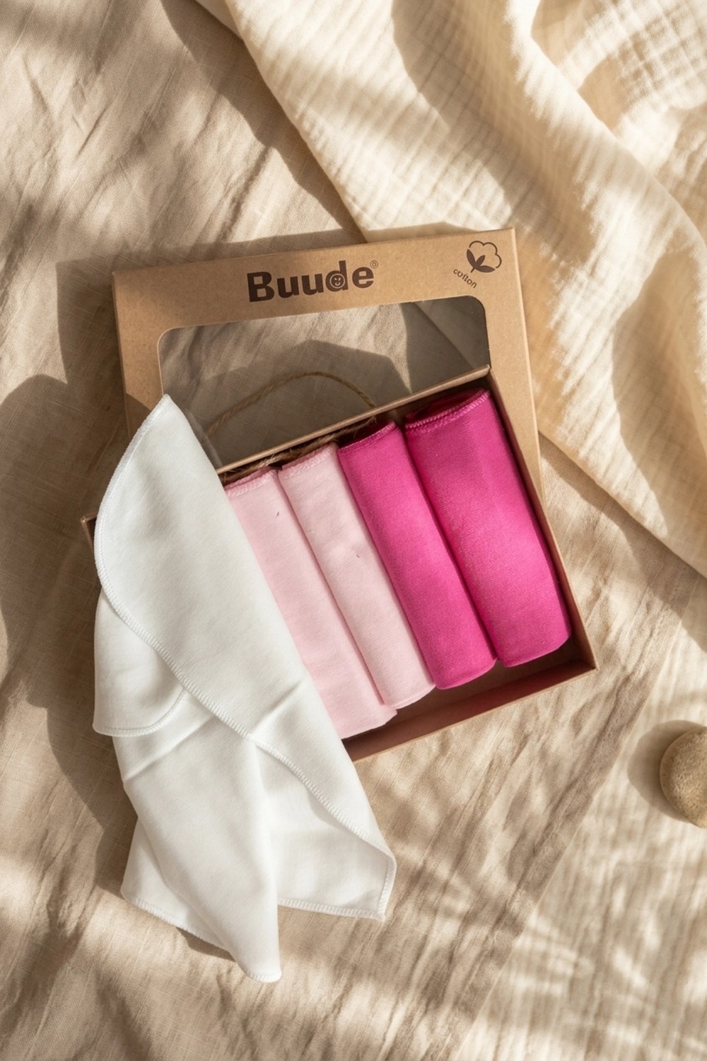 Hoppa Buude %100 Pamuklu 6'lı Bebek Ağız Mendili ve Kurulama Bezi Seti - Pembe Geçişli Hediyelik Kutu