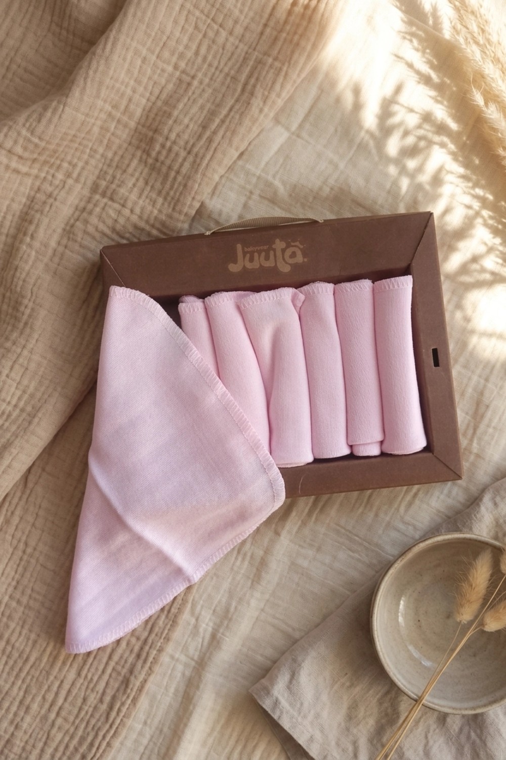 Hoppa %100 Pamuklu Pembe Sade Bebek Ağız Mendili Seti - 7'li Ekolojik Hediye Kutulu Yumuşak Dokulu Bebek görsel 4