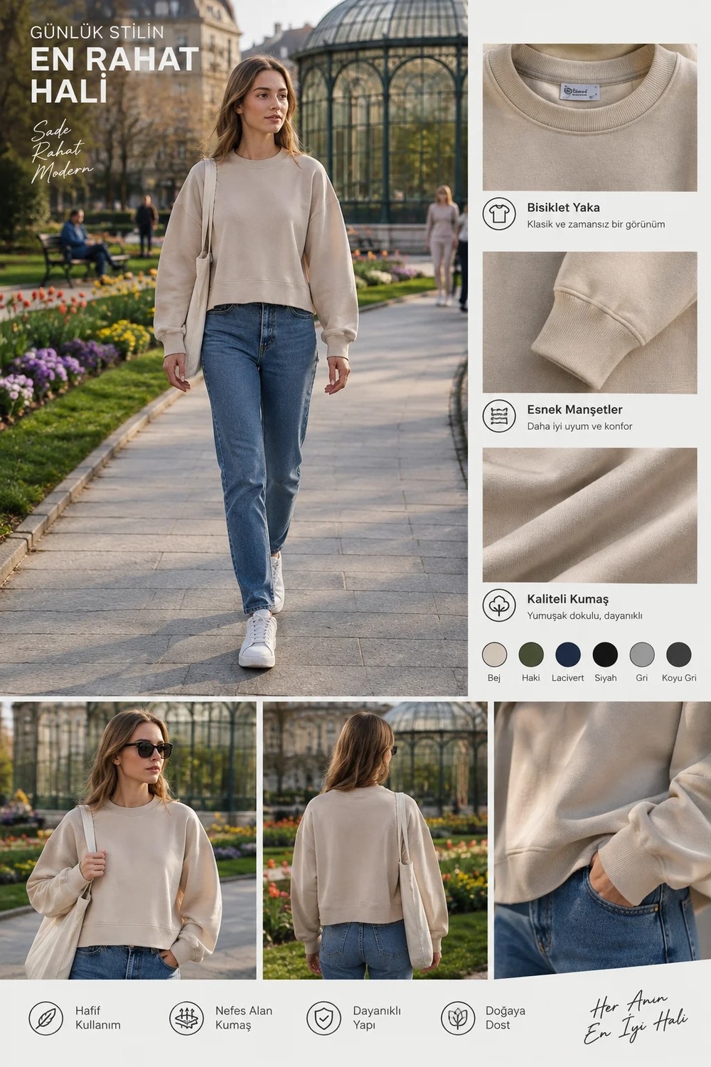 Luxic Core Luxıc Core Kadın Crop Bisiklet Yaka Sweatshirt Pamuklu Yumuşak Dokulu Günlük Spor Sweatshirt - Yeşil