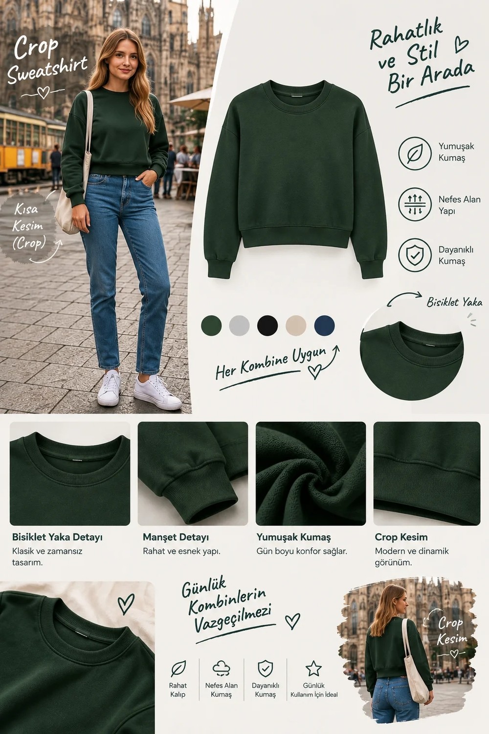 Luxic Core Luxıc Core Kadın Crop Bisiklet Yaka Sweatshirt Pamuklu Yumuşak Dokulu Günlük Spor Sweatshirt - Yeşil