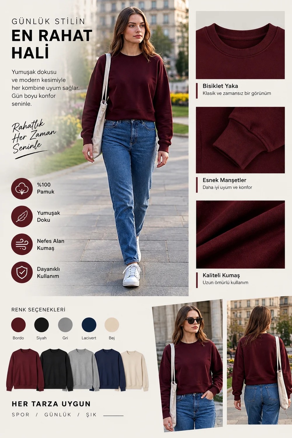 Luxic Core Luxıc Core Kadın Crop Bisiklet Yaka Sweatshirt Pamuklu Yumuşak Dokulu Günlük Spor Sweatshirt - Yeşil