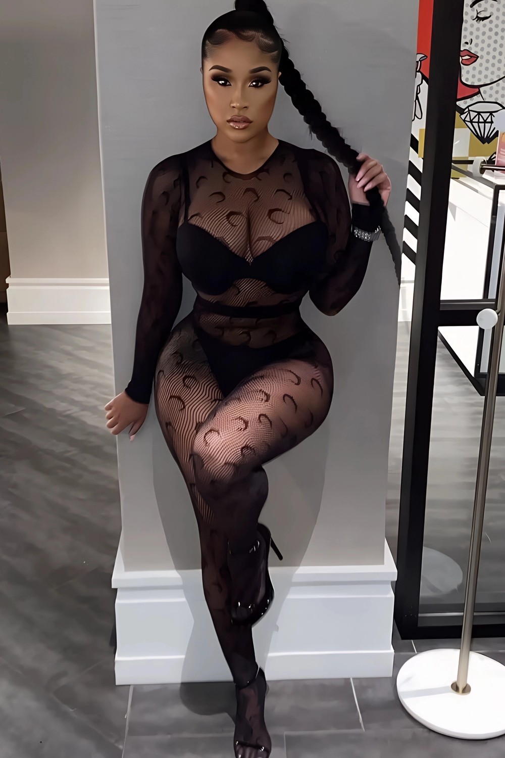 Fantastik Store Siyah Transparan Desenli Uzun Kollu File Vücut Çorabı TM1434 görsel 6