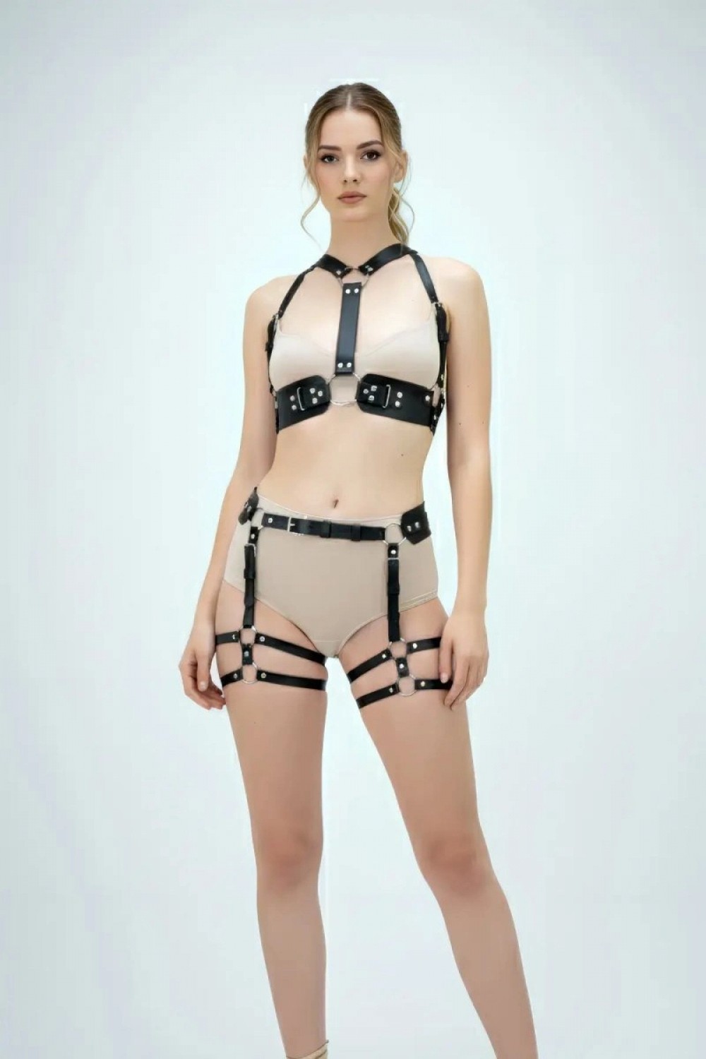 Pileli Store Siyah Harness Takım Deri Zımba Detaylı Vücut Aksesuarı - 1016