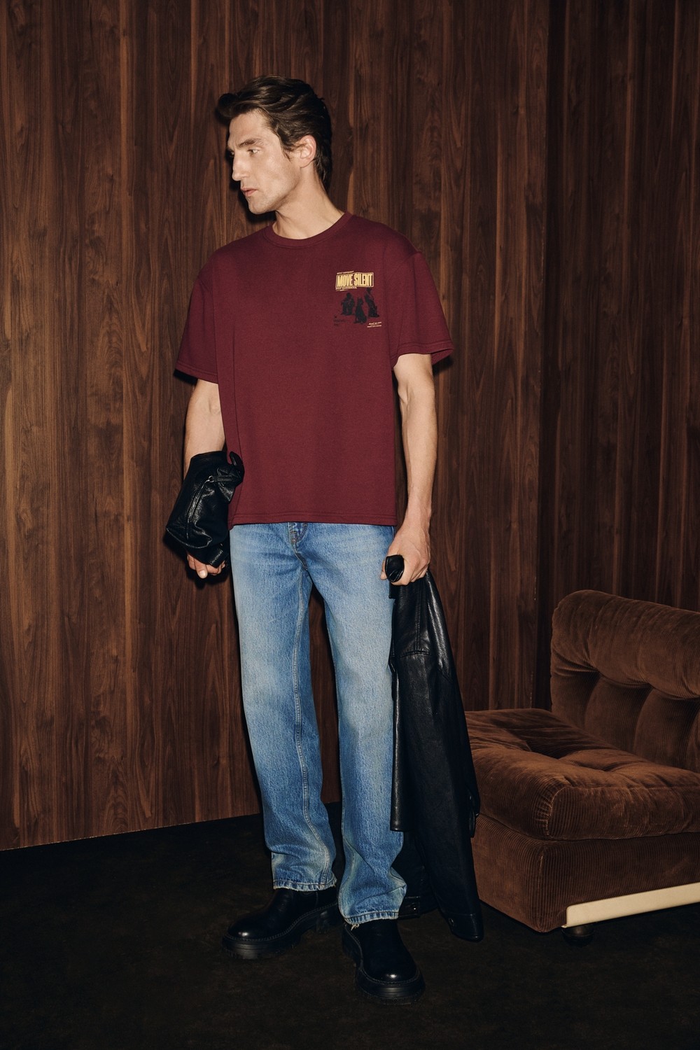 Grimelange DUKI Erkek Oversize Lacivert T-Shirt Pamuklu Bisiklet Yaka Kısa Kol Günlük Stil