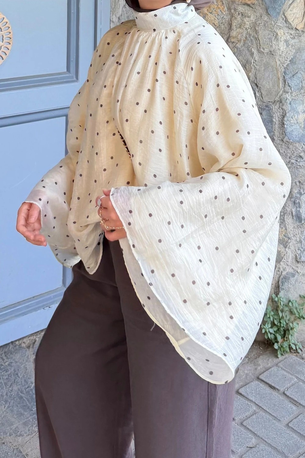 Trendparis Puantiyeli Şifon Robalı Yarasa Kol Bluz Mavi görsel 7