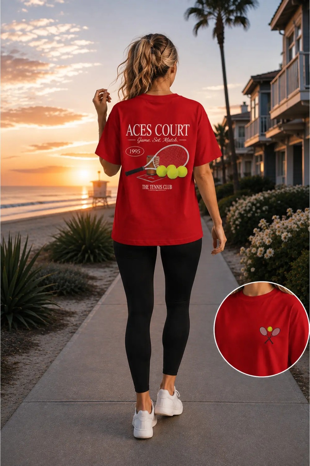 Vodexa Unisex Oversize Tennis Baskılı T-Shirt %100 Pamuk Tenis Temalı Rahat Kalıp Kısa Kollu Tişört