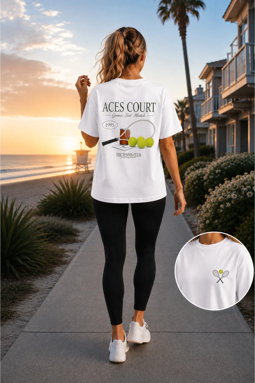 Vodexa Unisex Oversize Tennis Baskılı T-Shirt %100 Pamuk Tenis Temalı Rahat Kalıp Kısa Kollu Tişört