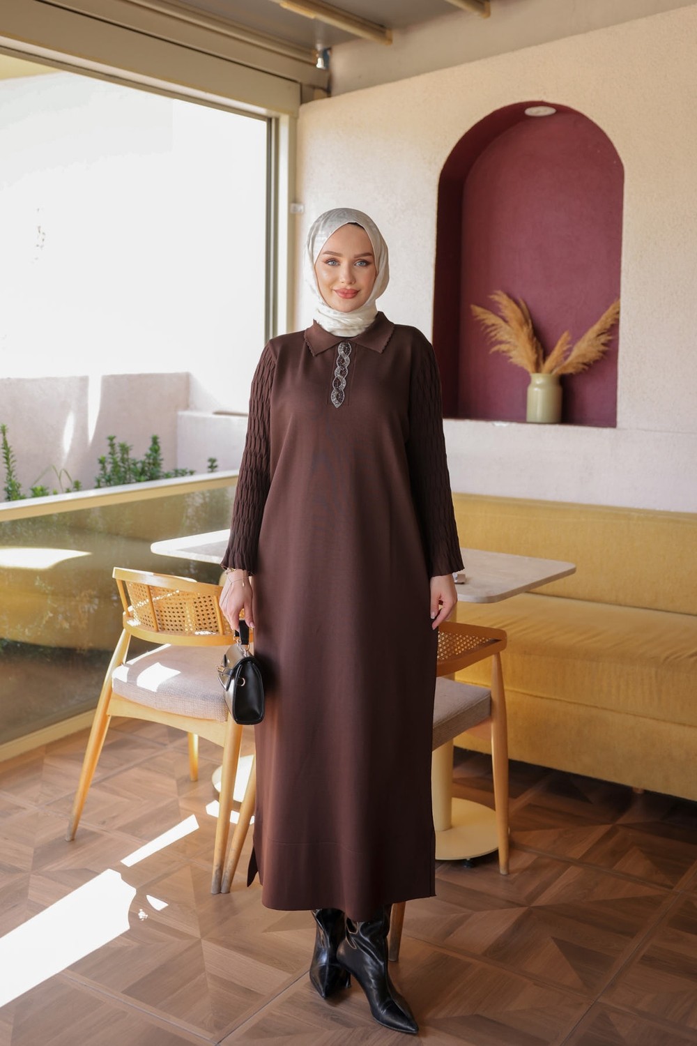 İmaj Butik Kahverengi Merserize Taşlı Triko Elbise