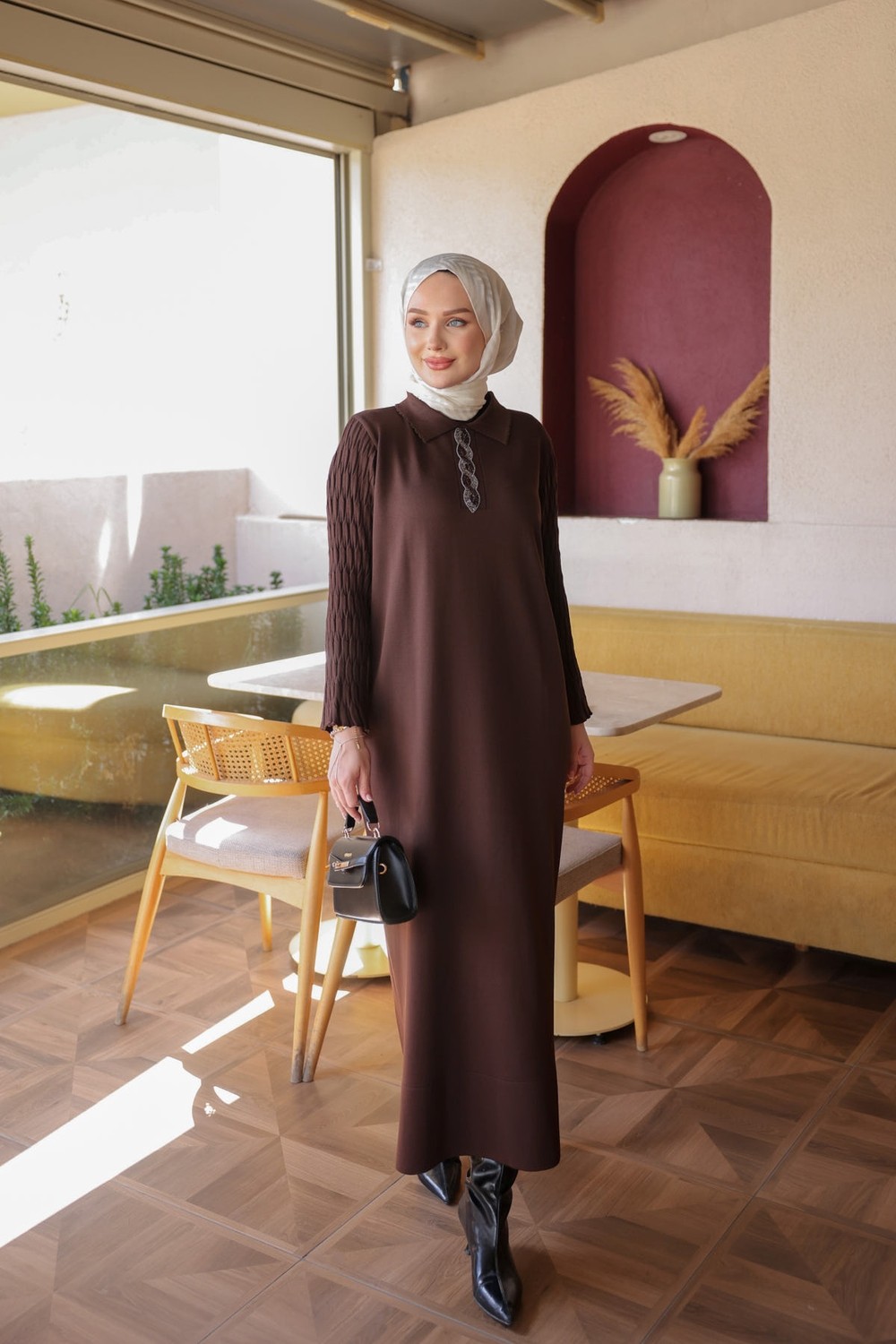 İmaj Butik Kahverengi Merserize Taşlı Triko Elbise görsel 2