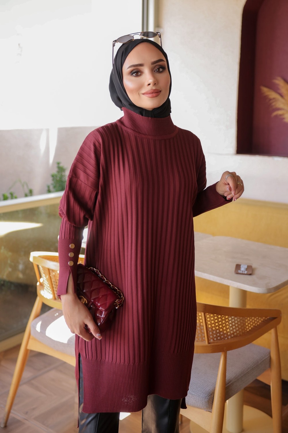 İmaj Butik Mürdüm Soğuk Iplik Kol Düğmeli Triko Tunik
