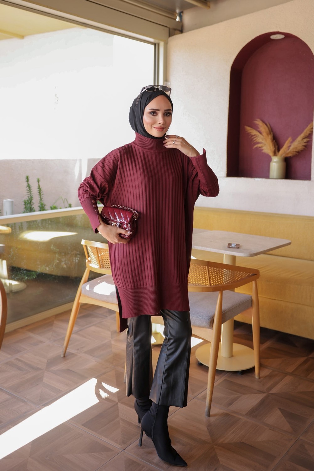 İmaj Butik Mürdüm Soğuk Iplik Kol Düğmeli Triko Tunik görsel 2