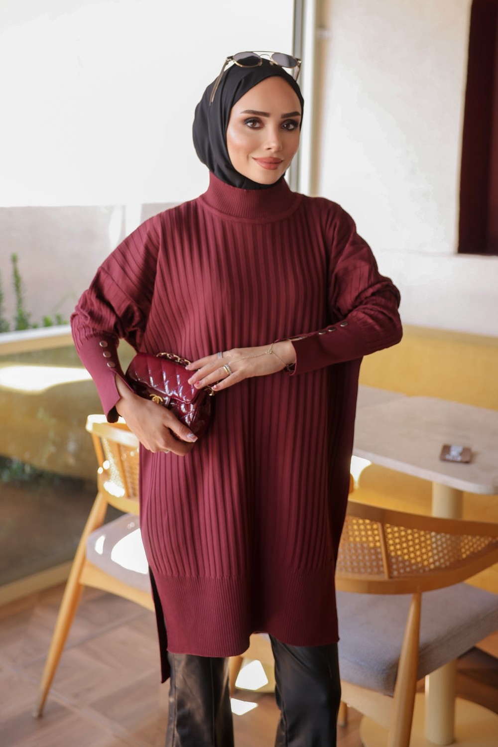 İmaj Butik Mürdüm Soğuk Iplik Kol Düğmeli Triko Tunik görsel 4